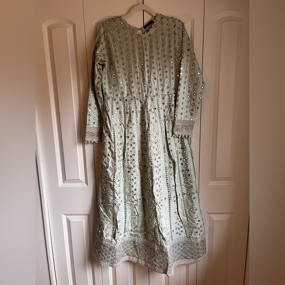 Pakistani designer Sage Green Mirror Work Anarkali with Dupatta Size M - Picture 2 of 5